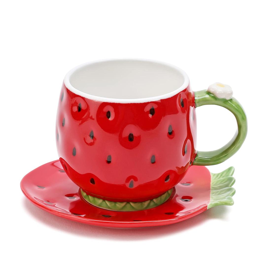 Ceramic Tea Cup and Saucer Coffee Mug Strawberry Coffee Cup with Saucer - 8 Ounce (Red)