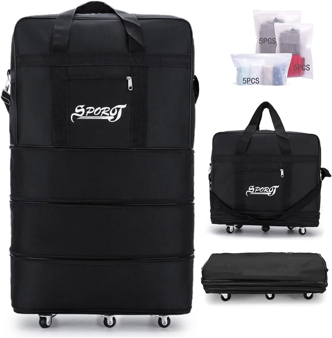 Travel Moving Trolley Luggage 36"inch Foldable Bag XX-Large 30kg/120L “Expandable Rolling Wheel Duffel Bag Large Capacity Suitcase 5 Durable Rolling Wheel Waterproof Lightweight Luggage Black.