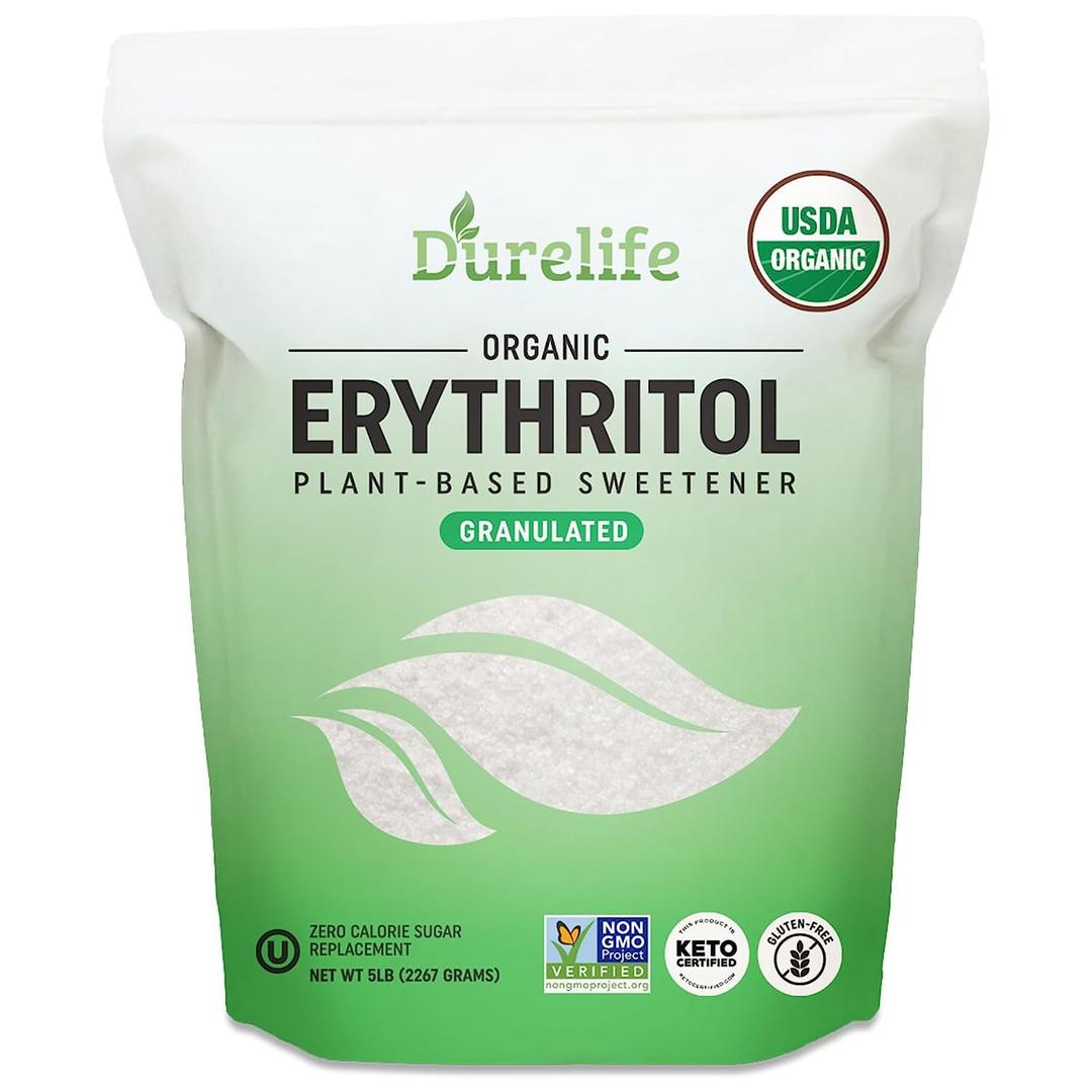 DureLifeUSDA organic erythritol sweetener, non gmo verified, Keto certified, No After Taste, Kosher, Zero Calorie Plant-Based Sugar Alternative 5 LB