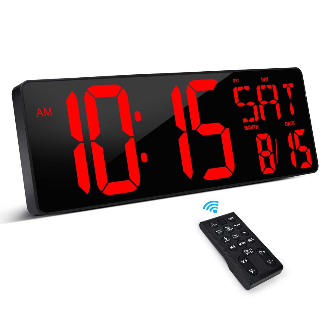 XREXSLarge Digital Wall Clock with Remote Control, 17.2 Inch LED Large Display Count Up & Down Timer, Adjustable Brightness Alarm Clock with Day/Date/Temperature for Home, Gym, Office and Classroom