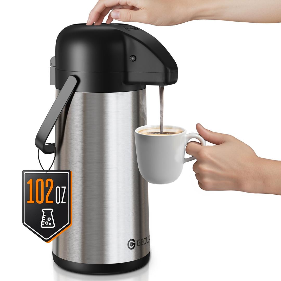 Airpot Coffee Carafe for Keeping Hot - 102 OZ/ 3L Large Coffee Dispenser with Pump - Insulated Stainless Steel Thermos Urn for Hot Drinks Water Tea Chocolate - Thermal Beverage Dispenser for Parties