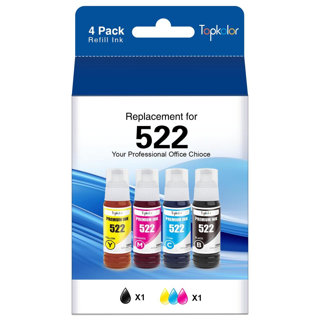 522 High Capacity Refill Ink Bottle Replacement for Epson Compatible T522 522 Ink Refill Bottles (Not Sublimation Ink) Use for EcoTank ET-2803 ET-2800 ET-2720 ET-4800 Printer, 4-Bottles