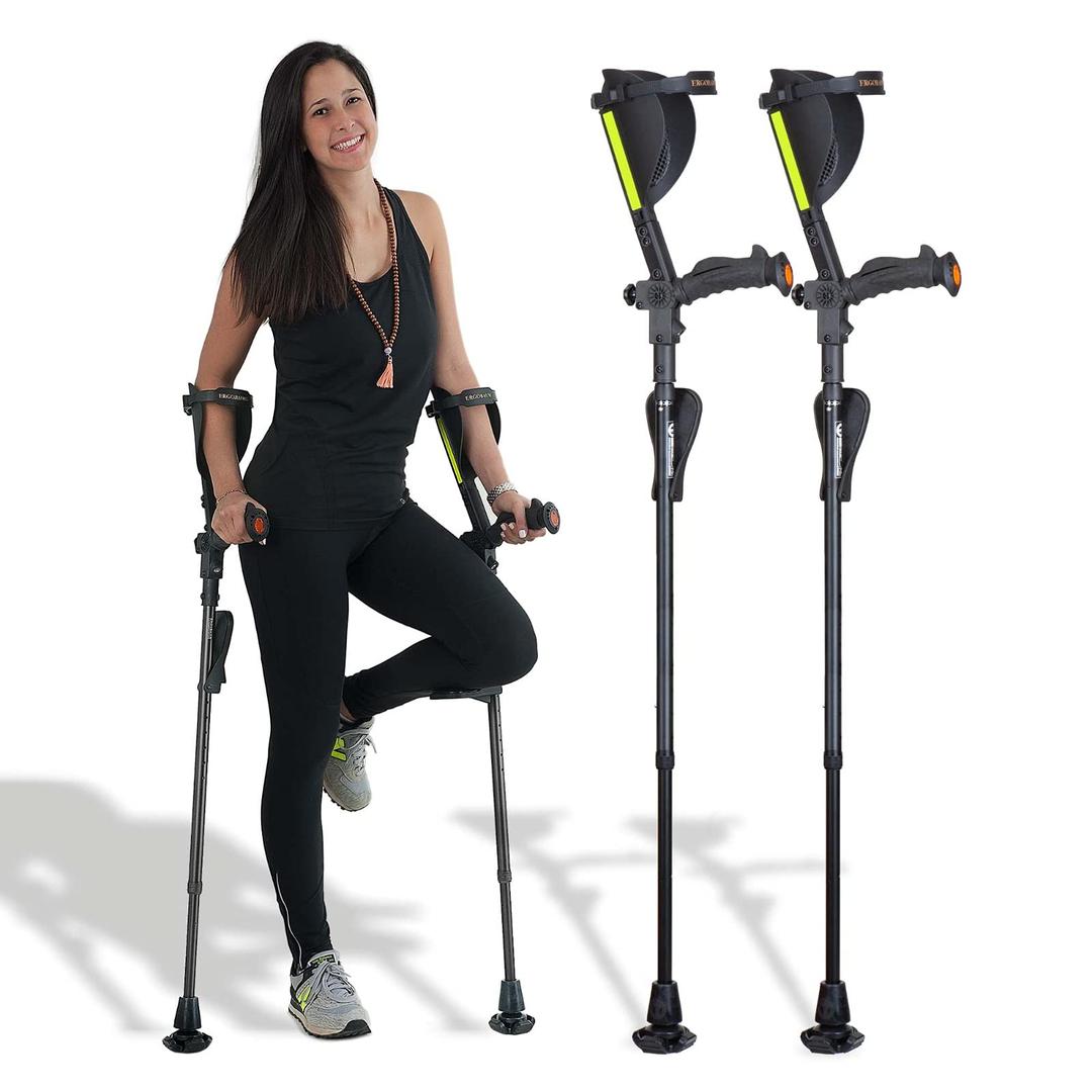 Ergobaum 7G by Ergoactives. 1 Pair (2 Units) of Ergonomic Forearm Crutches - Adult 5' - 6'6'' Adjustable, Foldable, Ergonomic, Shock Absorber, Non-Slip, Knee-Rest Platforms, LED Lights (Black)