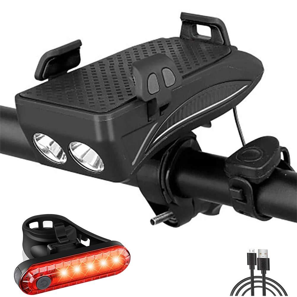 BYCOORBike Phone Mount USB Rechargeable Bike Light Set Adjustable Bicycle Holder Handlebar Bicycle Headlight with Horn(Black）