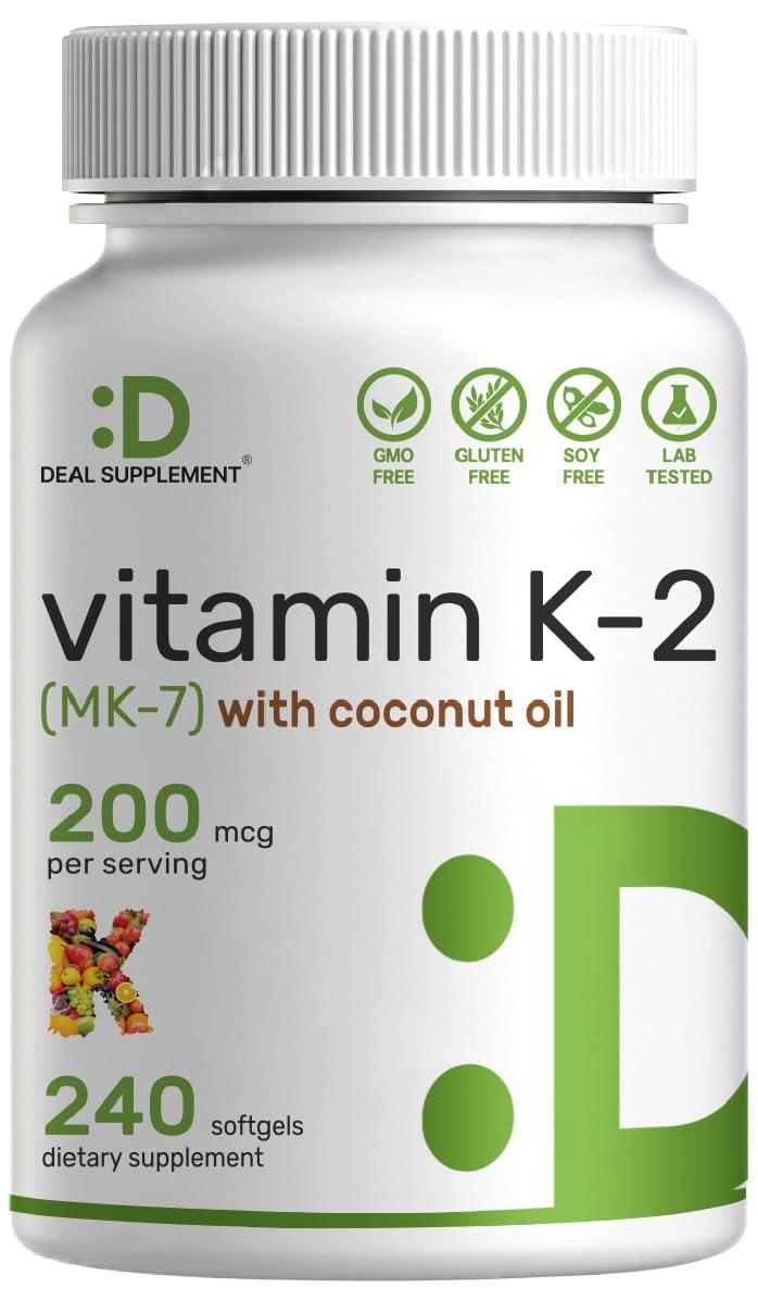 DEAL SUPPLEMENT Vitamin K2 (MK-7) 200mcg, 240 Virgin Coconut Oil Softgels | Premium Menaquinone-7 Form, Easily Absorbed Vitamin K Supplement – Bone, Joint, & Immune Support – Non-GMO