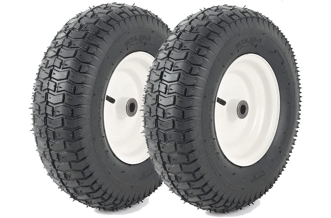 (2-Pack) 16x6.50-8 Pneumatic Tires on Rim - Universal Fit Lawn Mower and Yard Tractor Wheels - With Chevron Turf Treads - 3" Centered Hub and 3/4" Bushings - 396 lbs Max Weight Capacity