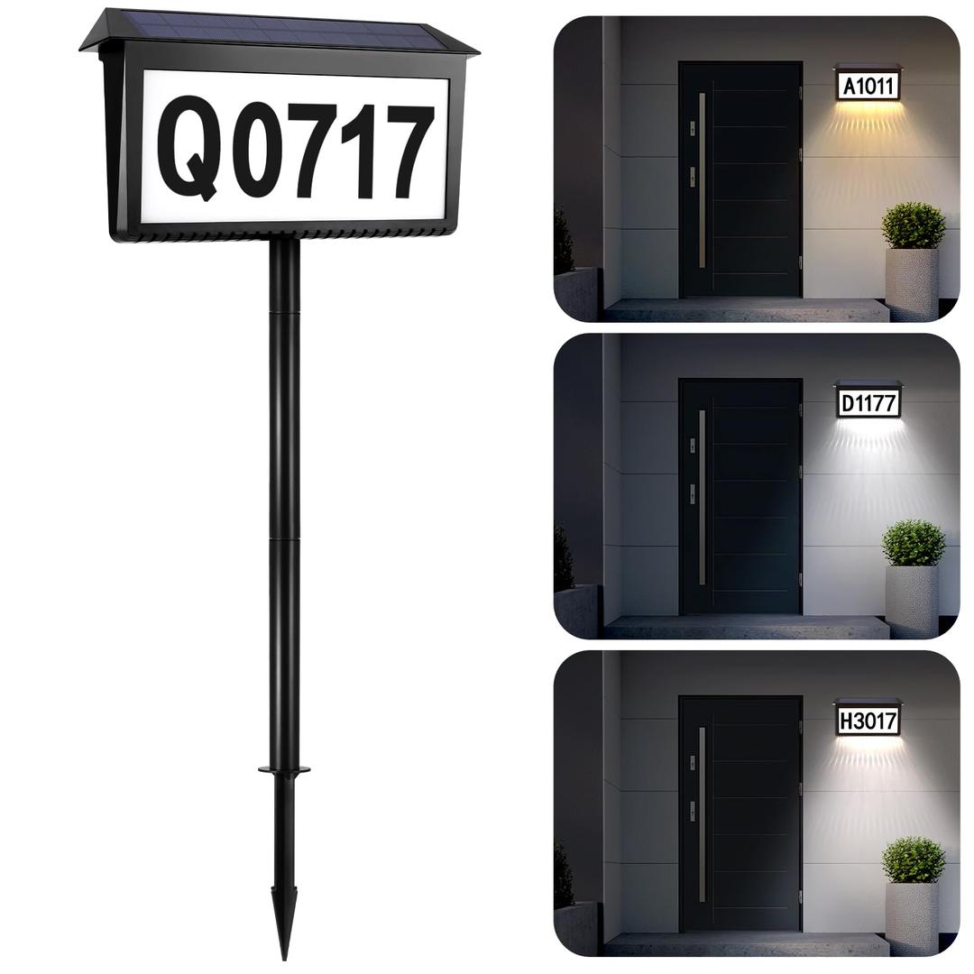 Solar Address Sign, SPGHOME House Numbers for Outside, 3-Color Lighting Modes for House Numbers, Outdoor LED Plaque with Waterproof Design(Wall Mounted/In-Ground)