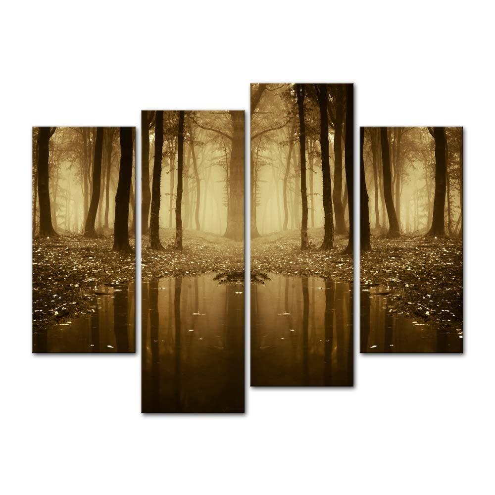 Autumn Forest with Fog and Rain Wall Art 4 Pieces Paintings Prints on Cnavas Modern Artwork For Living Room Home Decor