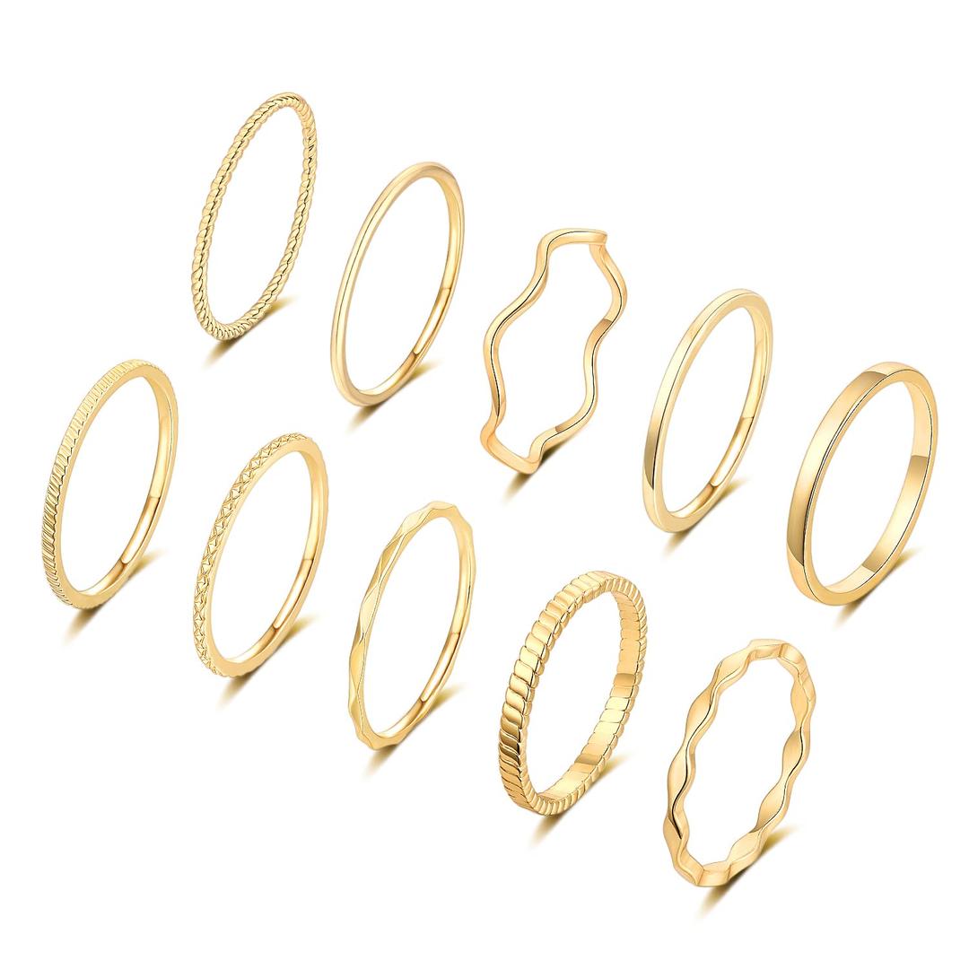 10 Pcs 1-2mm 18K Gold Plated Simple Rings for Women Girls Band Knuckle Stacking Midi Rings Elegant Classic Minimalist Rings Comfort Fit