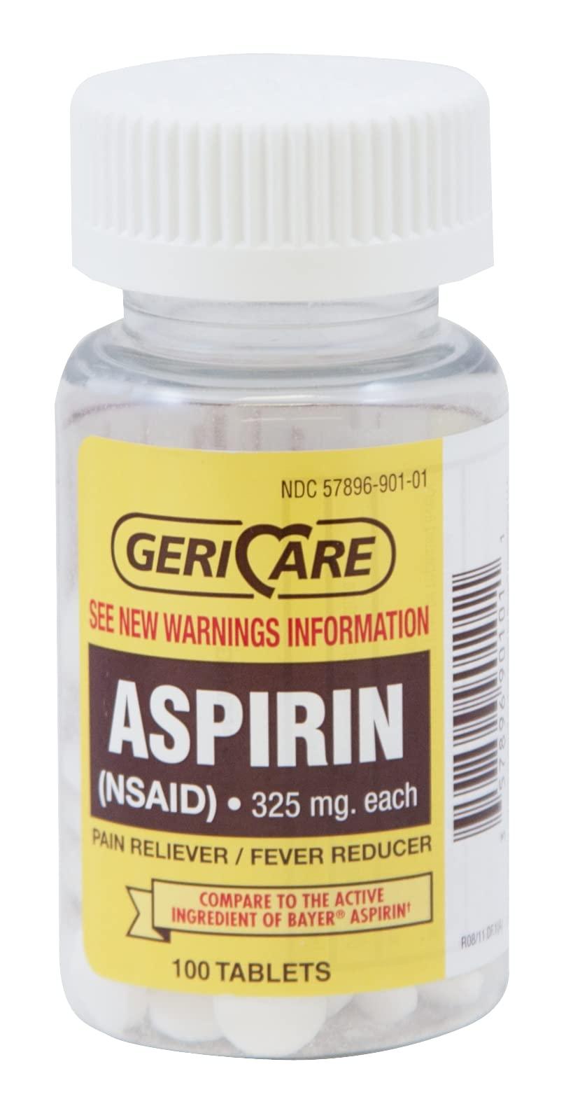 GeriCare Bottled Aspirin 325mg, Pain Reliever & Fever Reducer, 100 Count Bottle (Pack of 6)