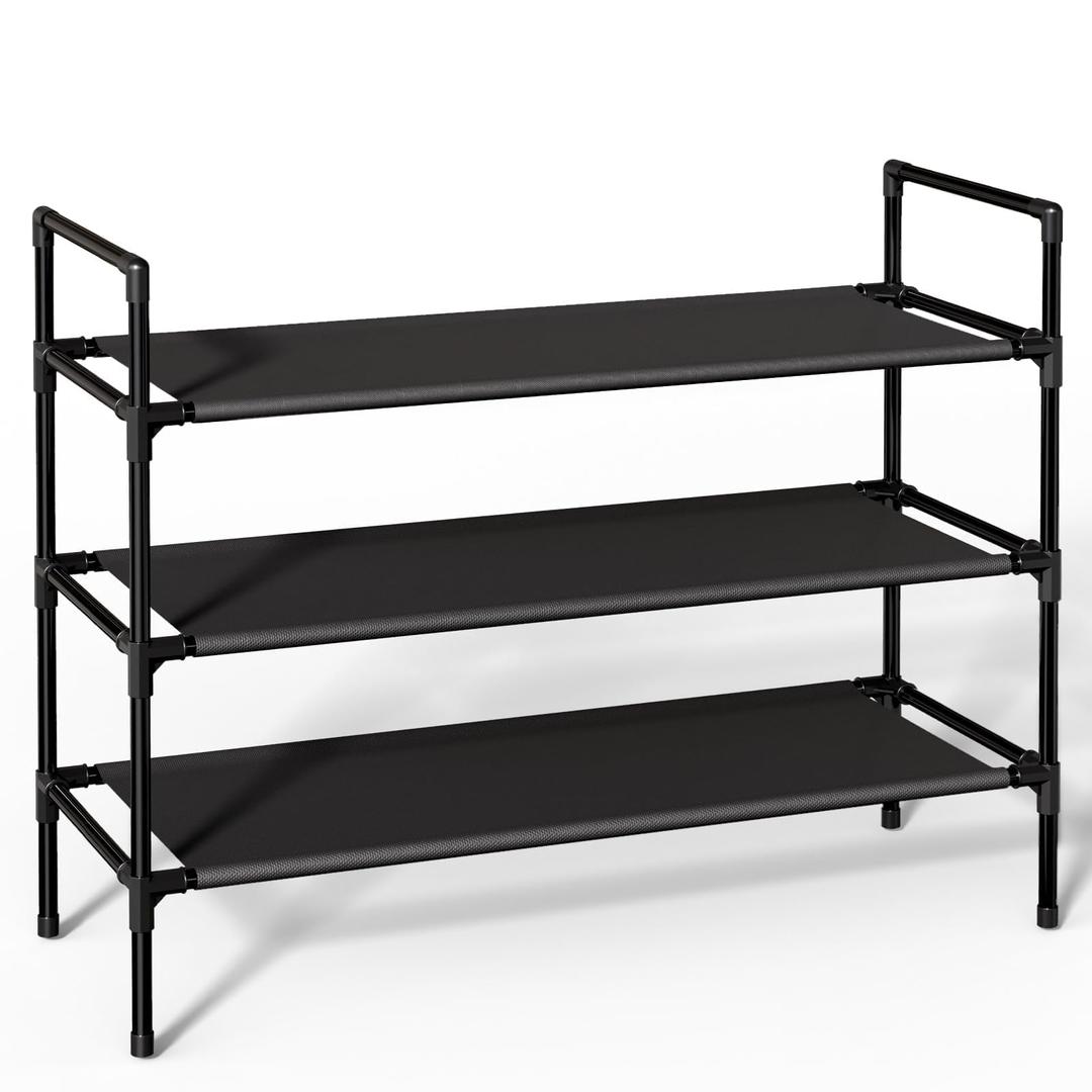 Shoe Rack with Non-Woven Fabric - X-Large Shoe Organizer, 3-Tier Shoe Storage Rack, Sturdy Shoe Rack for Closet, Garage & Corridor, Stackable Shoe Rack for Entryway, Black