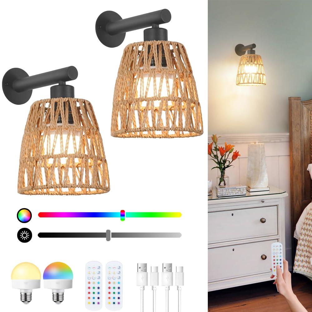 Boho Battery Operated Wall Sconces, Rattan Wall Sconce Set of 2 with Remote, RGB 15 Colors Dimmable Rechargeable Wall Light, Black Indoor Wireless Wall Lamp, Farmhouse Rattan Wall Lighting for Bedroom