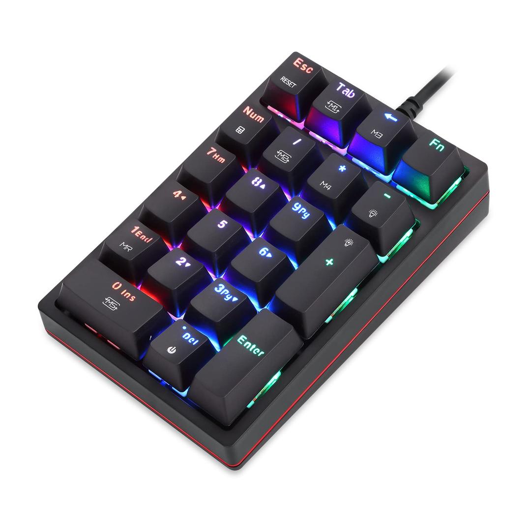 MOTOSPEED Macro Mechanical Numeric Keypad USB Wired 21 Keys Mini Numpad Portable Keypad RGB Backlight Gaming Keypad Extended Layout for Cashier(Fully Programmable Keys)