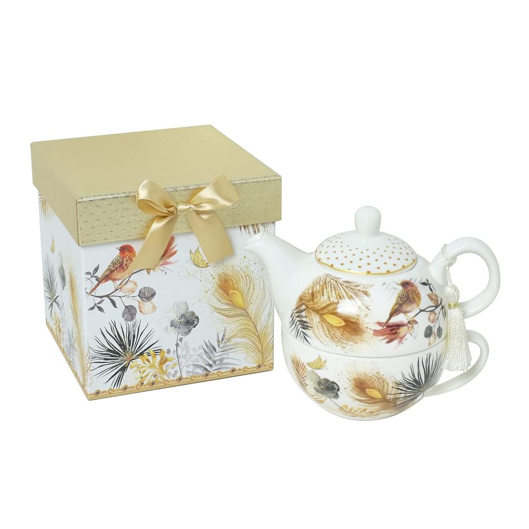 Lightahead Bone China Tea for One Set in Sparrow Bird Design, in attractive Reusable Handmade Gift Box (With Ribbon), Gold