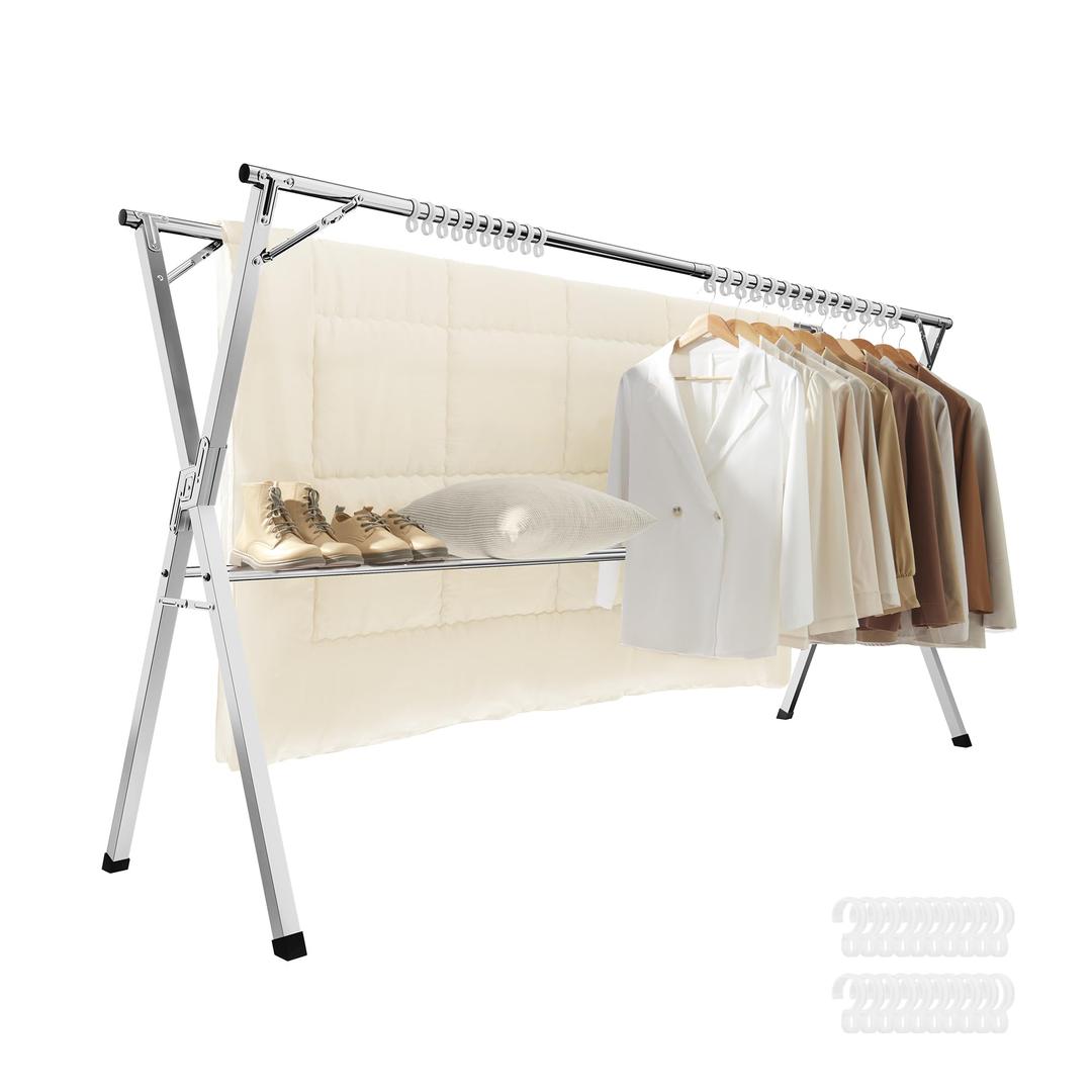 SONGMICS Clothes Drying Rack, Heavy-Duty Laundry Drying Rack, 56.3-93.7 Inches Extendable, Foldable Freestanding Airer, Stainless Steel, for Indoor Outdoor Use, Dove Gray ULLR903E01