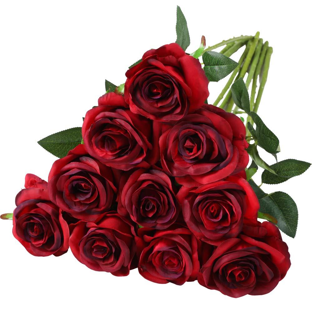 Nubry Artificial Silk Rose Flower Bouquet Lifelike Fake Rose for Wedding Home Party Decoration Event Gift 10pcs (Wine Red)