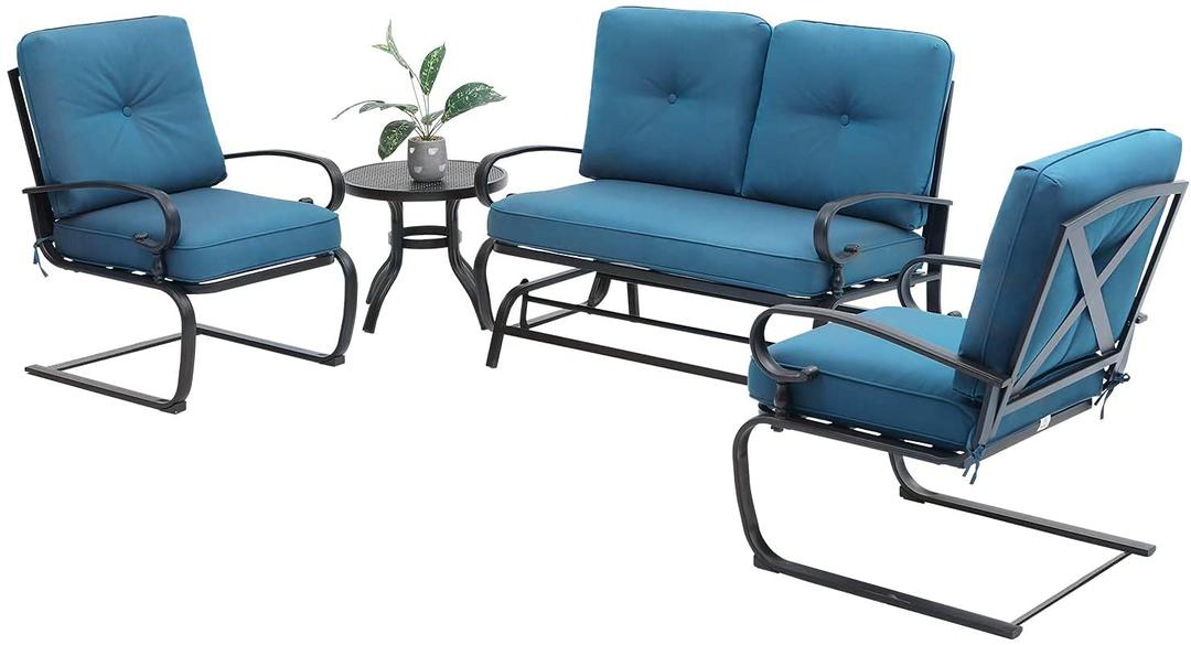 4 Pcs Outdoor Wrought Iron Furniture Patio Conversation Set with Glider Loveseat, 2 Spring Chairs, and Coffee Table (Peacock Blue)