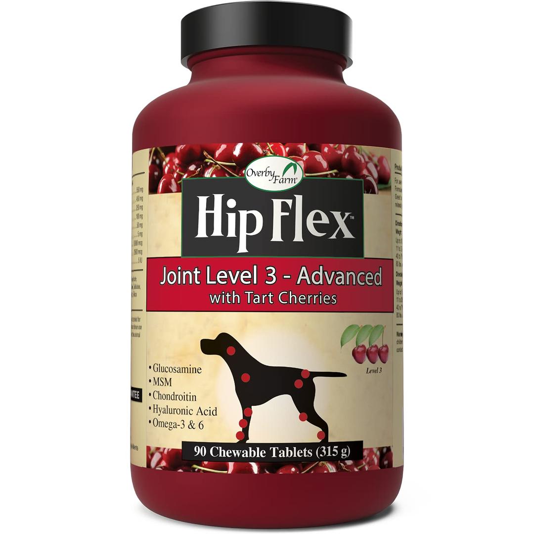 NaturVet Overby Farm Hip Flex Joint Level 3 Advanced Care with Tart Cherries for Dogs, Chewable Tablets, Made in USA