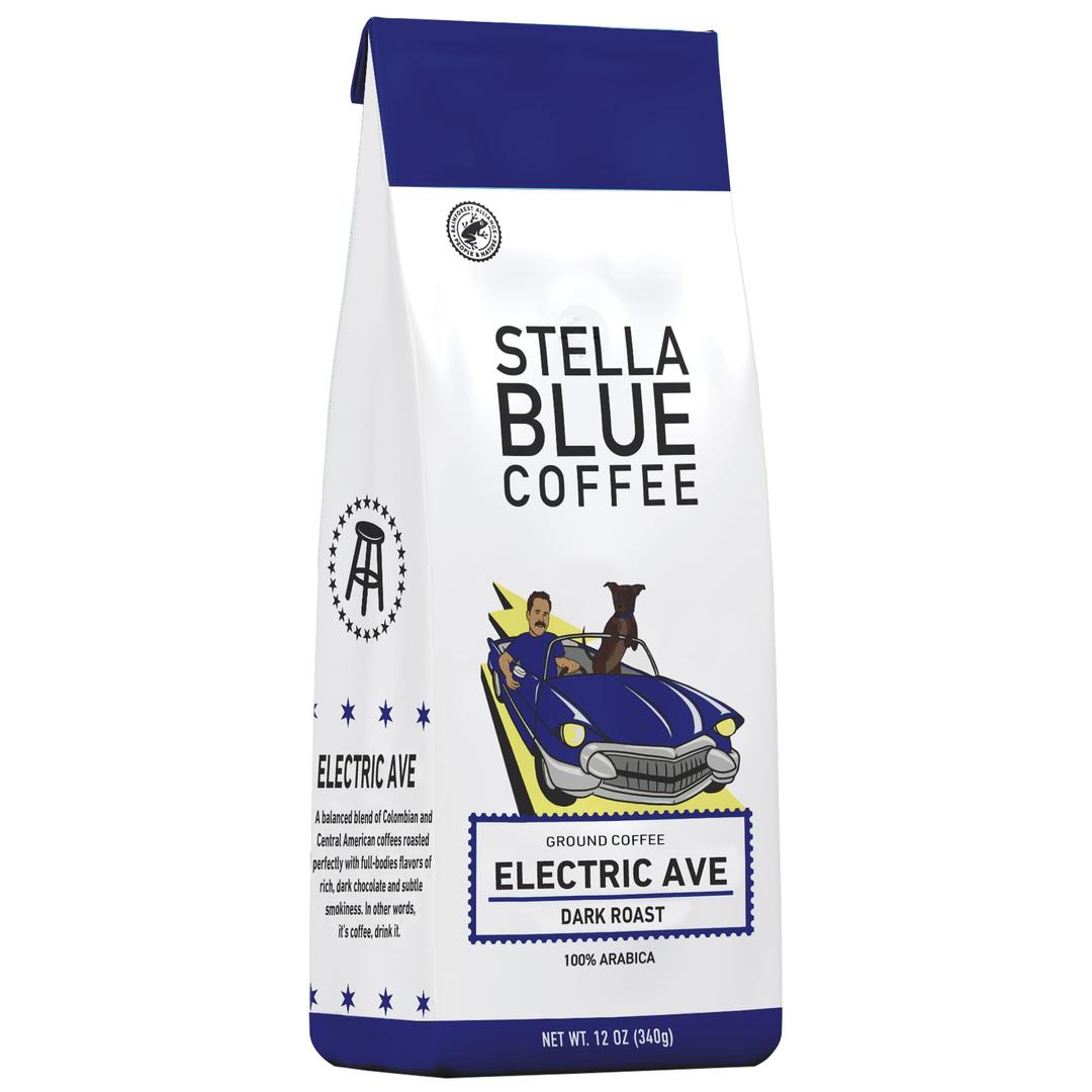 Stella Blue Fresh Ground Coffee - Electric Avenue Blend - 100% Arabica DARK Roast - Ethically & Sustainably Sourced from Central America - Helps Support PAWS Chicago - 12 ounce Bag