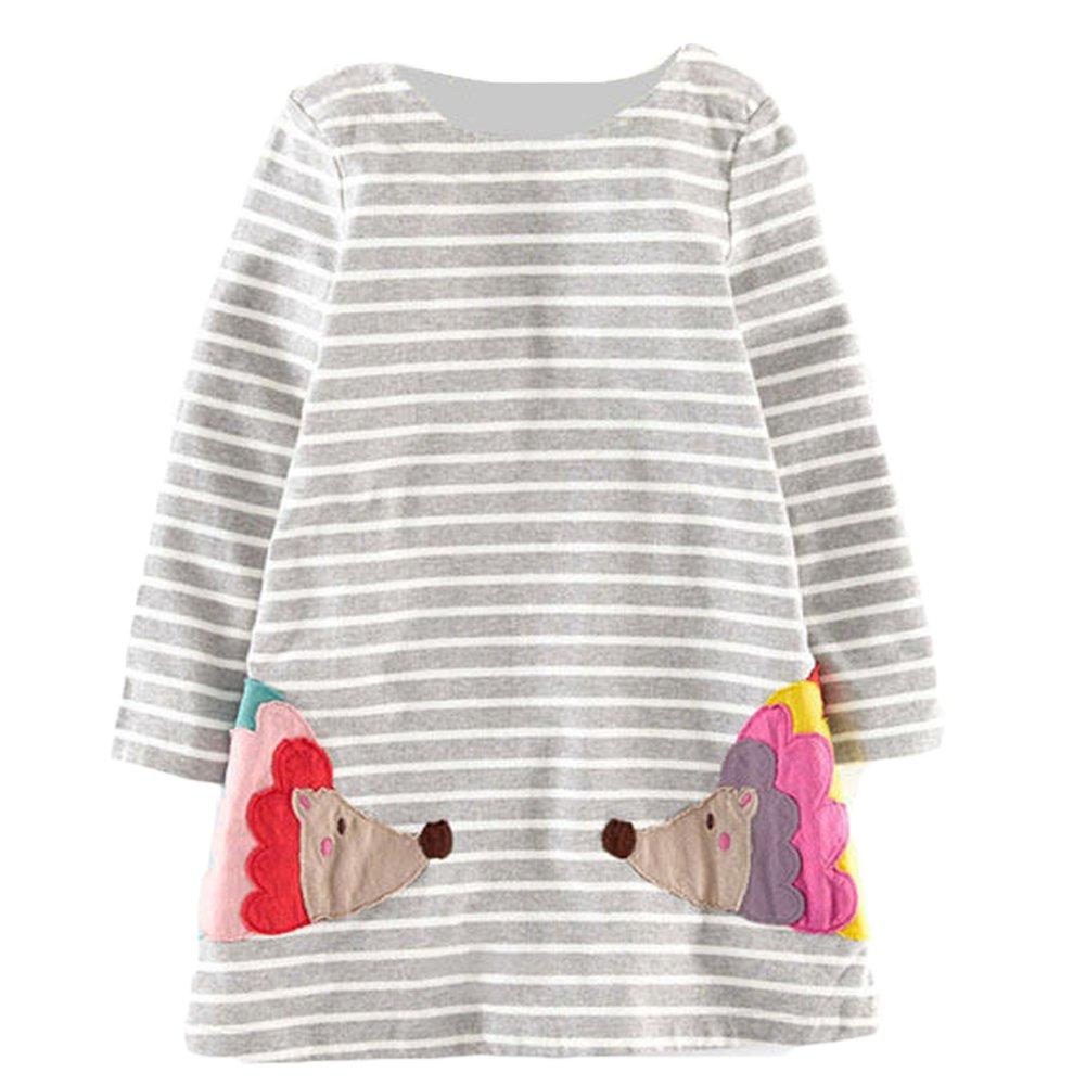 Magical Baby Little Girls Spring Fall Winter Cotton Long Sleeve Striped Hedgehog Applique A-line Dress