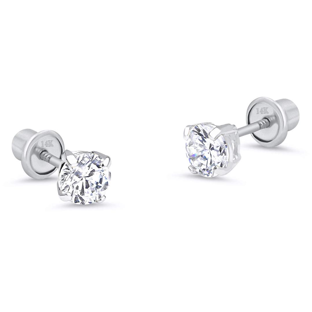 Lovearing14k White Gold 2-6mm Basket Round Solitaire Cubic Zirconia Children Screw Back Baby Girls Earrings