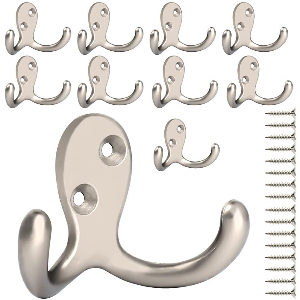 IBosins 10 Pack Heavy Duty Double Prong Coat Hooks Wall Mounted with 20 Screws Retro Double Hooks Utility Hooks for Coat, Scarf, Bag, Towel, Key, Cap, Cup, Hat