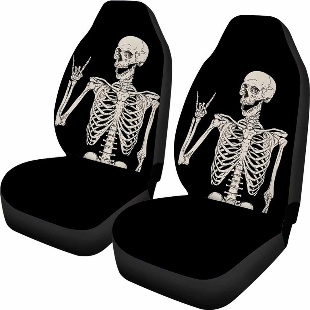 ELEQIN Cool Bone Skeleton Funny Design Car Front Seat Covers Universal fit Breathable Bucket Seat Cover Protection Cars SUV Truck, Black 2Pcs/Set