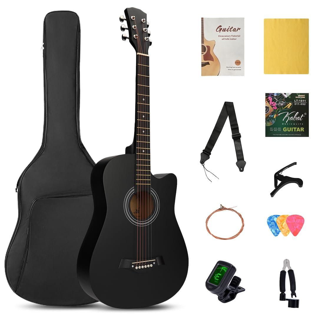 SHINEDOWN 38 inch Acoustic Guitar in Full Size Black Beginner All Wood Cutaway Starter Set with Free Bag/Tuner/Capo/A Pack of Strings/Strap/3 Single Strings/Cloth/Picks/String Cutter/Tutorial