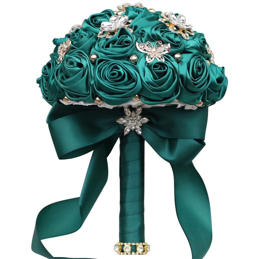 Sharebeauty 5.9" Mini Bridal Bouquet Handmade Satin Rose Round Wedding Bouquet Throw Toss Artificial Flower Bunch Dark Green