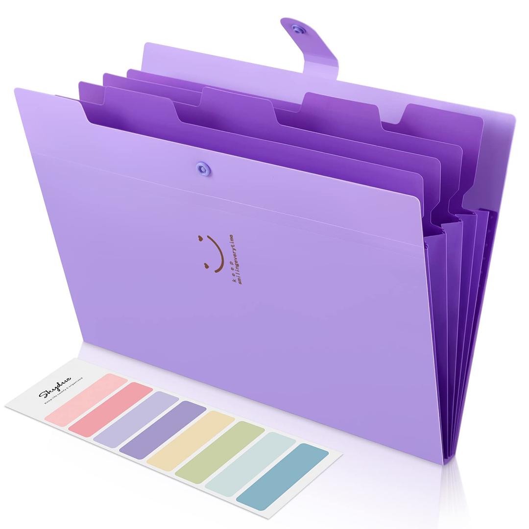 SKYDUE Cute Accordion File Organizer，Expanding File Folders with 5 Pockets and Labels, Portable Document Paper Organizer, Letter / A4 Size, Purple