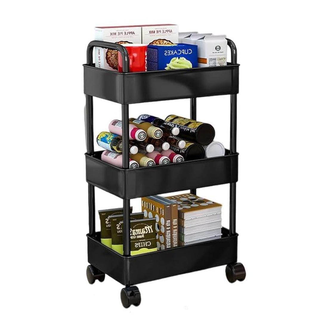 ROUNY 3 Tier Rolling Cart, Storage Cart,Utility Cart,Multi-Purpose Storage Trolley Metal Rolling Utility Organizer Rack with Handle and Lockable Wheels for Office Bathroom Kitchen Kids’ Room (Black)