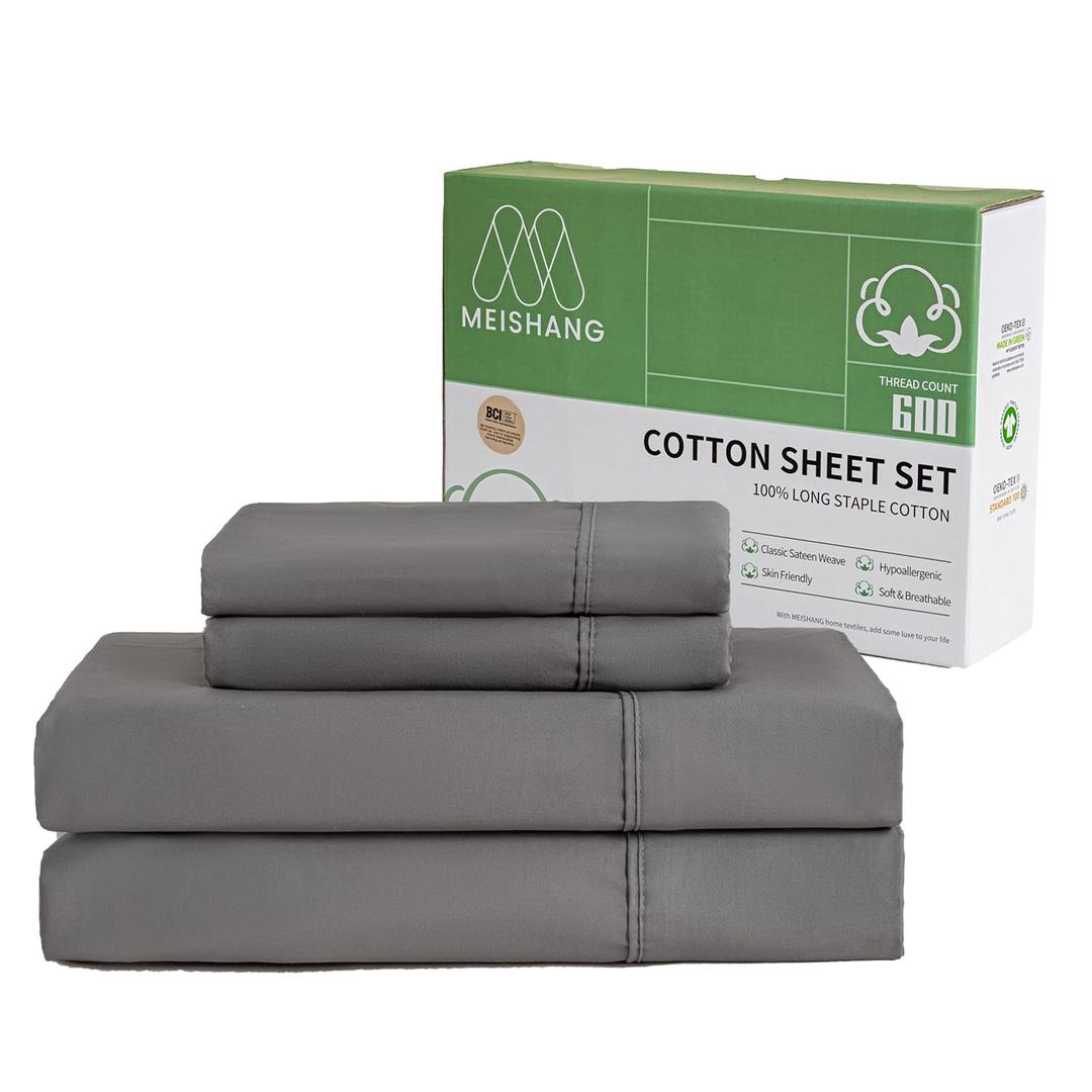 MEISHANG 600 Thread Count Cotton Sheets King Size, 100% Long Staple Cotton, Sateen Weave Pure Cotton Sheets, Cooling Breathable Soft Deep Pocket Up to 16" Inch - 4 Piece Set (King, Dark Gray)