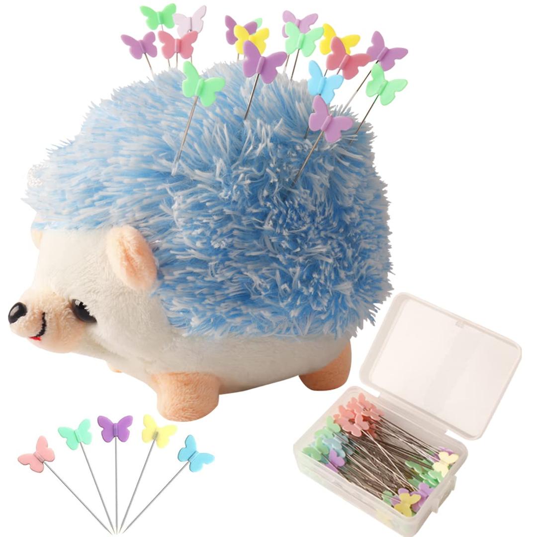 CICILIAYA Hedgehog Shape Pin Cushion, Cute Pincushions Sewing Kit Lovely Needle Cushions Pins Holder Sewing Accessories Supplies with 100Pcs Colored Butterfly Pins for Quilting DIY Crafts Patchwork