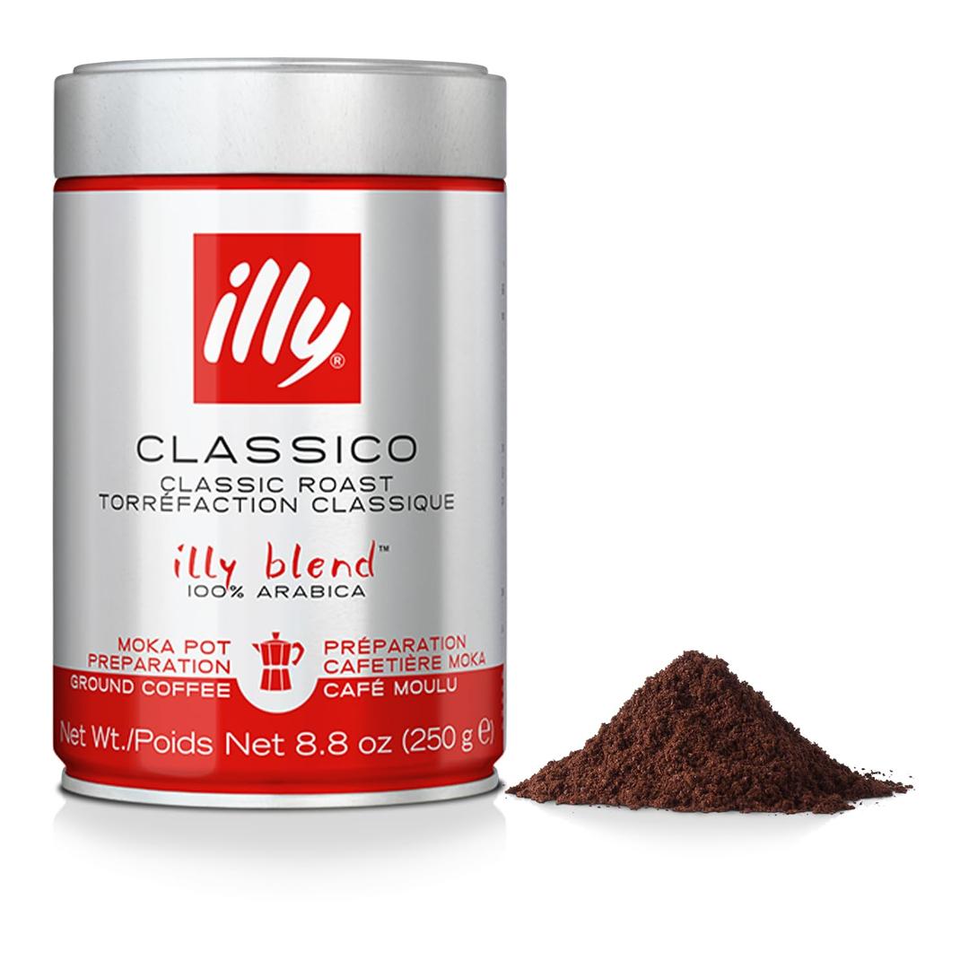 illy Ground Coffee Moka - 100% Arabica Flavored Coffee Ground - Rich Aromatic Coffee Grounds Profile – Classico Medium Roast - Notes of Caramel, Orange Blossom & Jasmine - No Preservatives – 8.8 Ounce