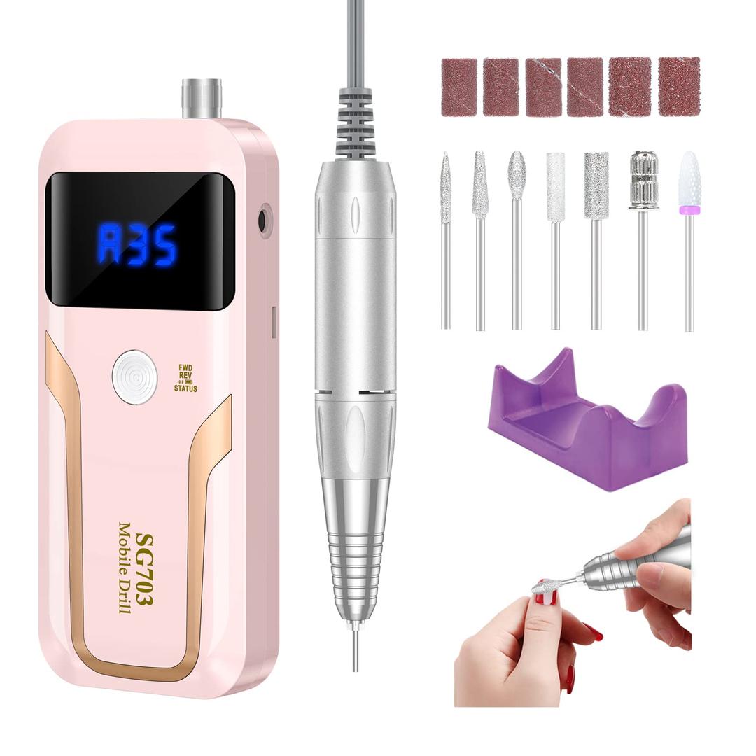 Portable Nail Drill Professional 35000 RPM, MOCOWIND Rechargeable Electric Nail File Machine E File for Acrylic Nails Gel Polishing Removing, Cordless Efile with Bits Kit for Manicure Salon Home, Pink