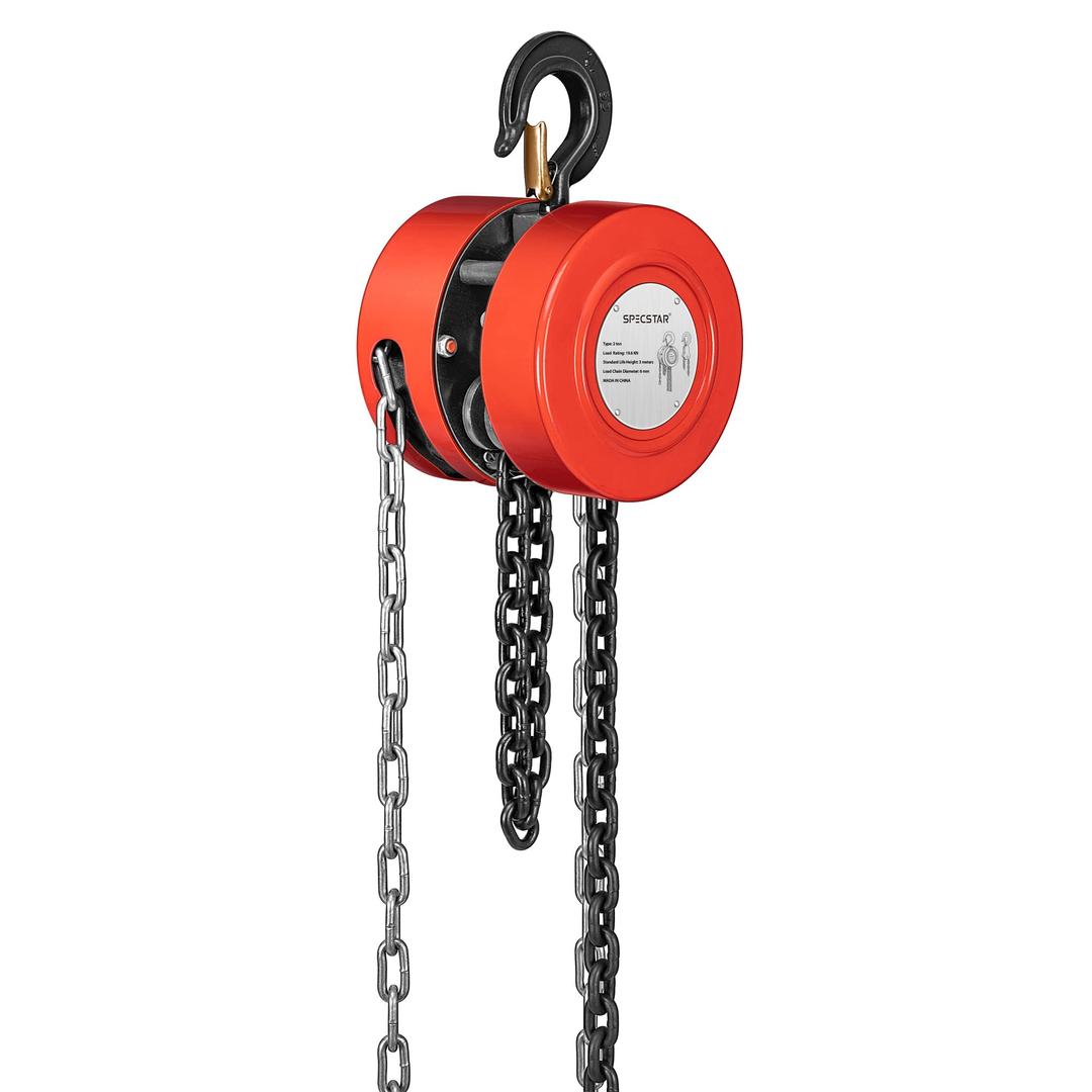 SPECSTAR Hand Chain Hoist 1 Ton 2200 Lbs Capacity 10 Feet with 2 Heavy Duty Hooks, Manual Chain Fall for Warehouse Building Automotive Machinery Red