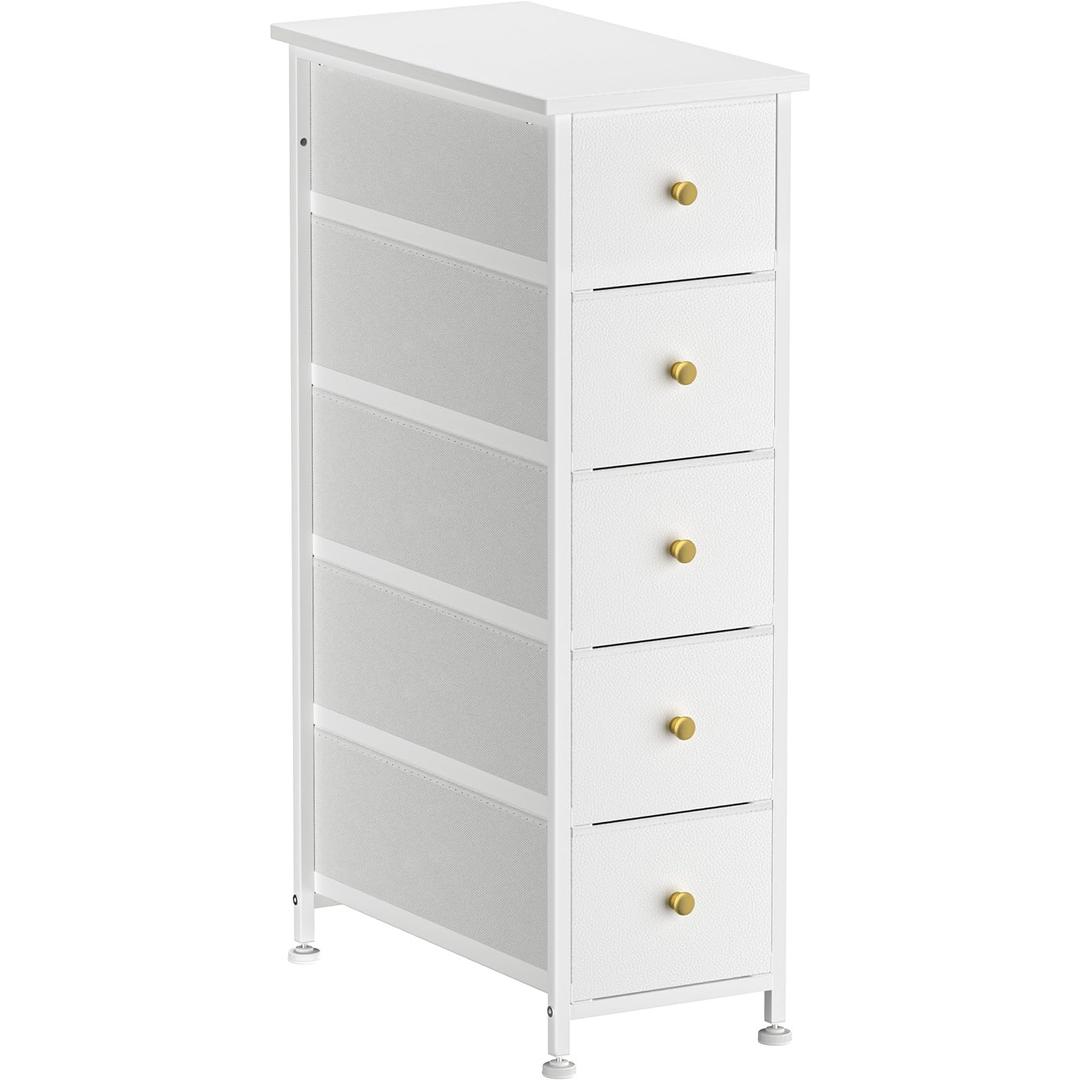 Narrow Dresser Storage Tower with 5 Drawers, Slim Dresser Chest of Drawers with Steel Frame, Wood Top, Golden Knobs, White Dresser for Bedroom, Bathroom, Small Spaces, Laundry, Closet, White