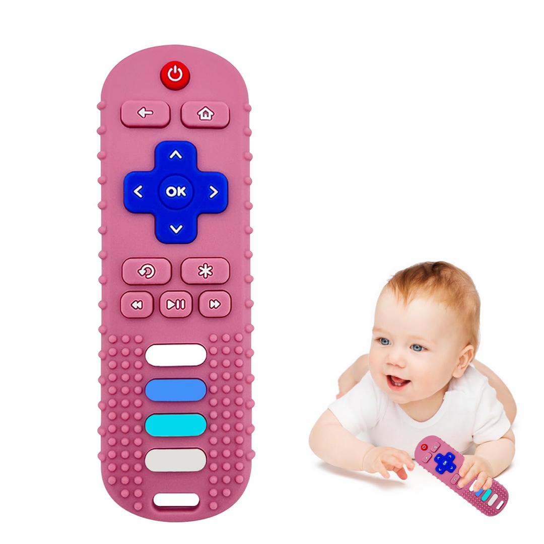 Baby Teething Toys, Food Grade Silicone Teether for Babies 3 6 12 18 Months, TV Remote Shape Toddlers Chew Toys, Freezer BPA Free (Pink RC)