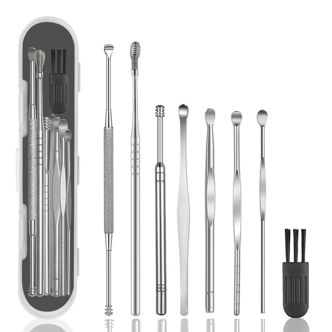 8 Pcs Ear Wax Removal Kit,Professional Double-Headed Ear Pick Earwax Removal Tools,316L Stainless Steel Ear Cleaner Curette with Cleaning Brush and Storage Box,Suit for Kid Adult(Silver)