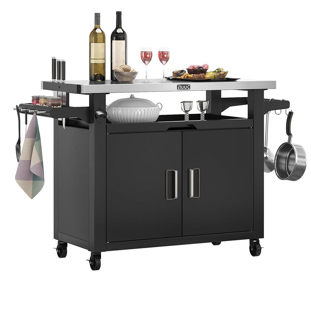 NUUK Outdoor Grill Cart with Storage Cabinet Metal Kitchen Island Prep Table with Movable Universal Wheels and Stainless Steel Top for Outside BBQ Backyard Include Hooks Spice Rack