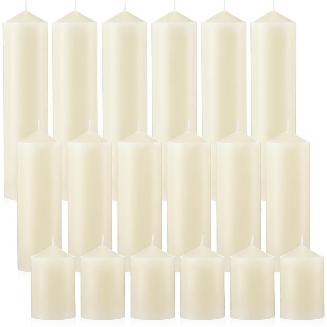 MTLEE 18 Pcs Set of 3 Pillar Candles Ivory Pillar Candle Bulk 2 in x 3, 6, 8 Long Burning Candles Clean Unscented Smokeless Pillar Candles for Wedding Emergency Lanterns Vigil Ceremony Party(White)