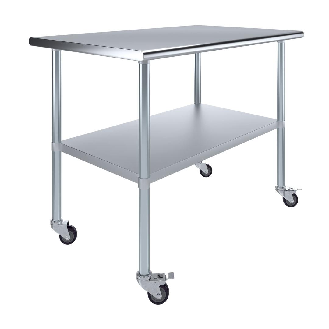 AmGood 30" X 48" Stainless Steel Work Table with Wheels | Metal Kitchen Food Prep Table | NSF