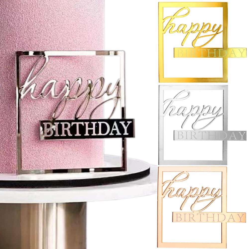 Mirror Acrylic Happy Birthday Cake Toppers Happy Birthday Cupcake Topper Hollow Frame Side Cake Topper Cake Decorations Cake Inserts Cake Decor Happy Birthday Decorations Cake Decorating Supplies,3pcs