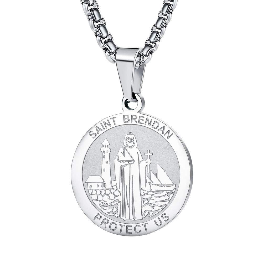 WolenttySaint Brendan Necklace - 1" Stainless Steel Catholic St. Brendan Medal Pendant with 24" Chain