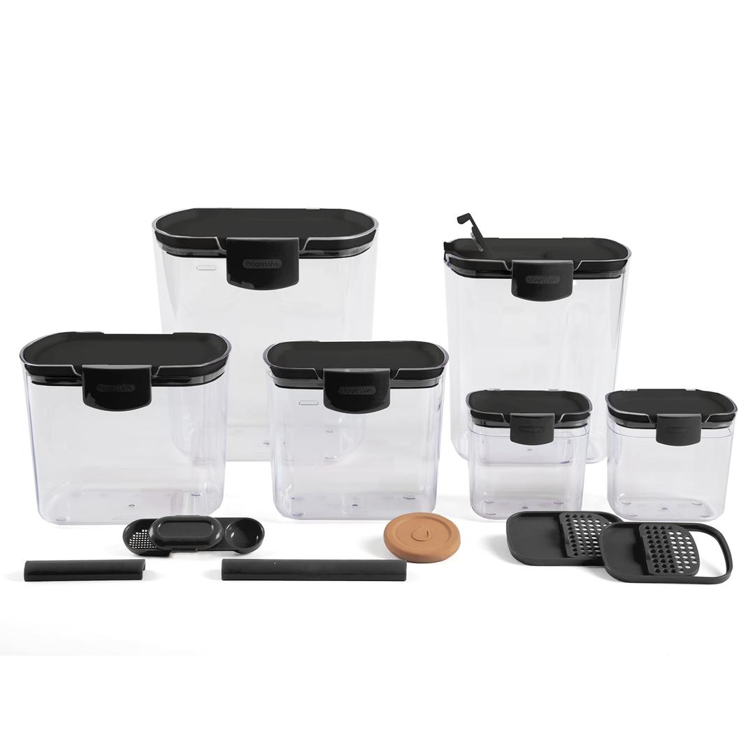 Progressive ProKeeper Baker's Airtight Kitchen Storage Canister Container Set for Flour, Sugar & More, Keeps Ingredients Fresh, with Accessories (Black, 6- Piece)