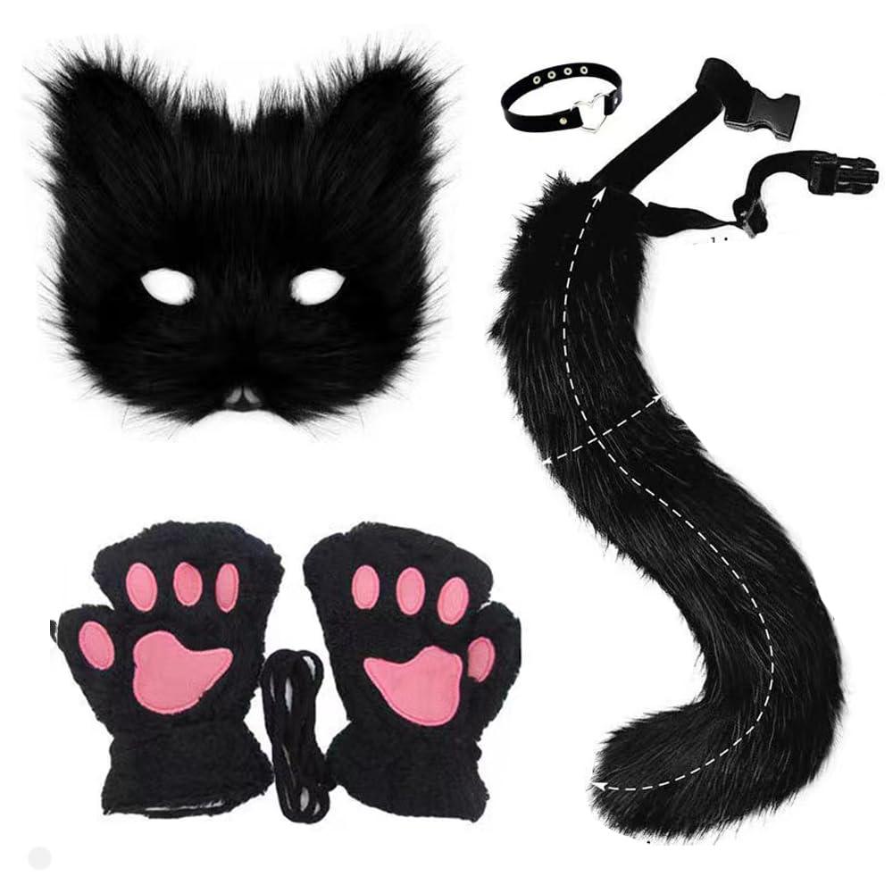 JOMILAFurry Animal Cat Costume Set, Headband with Ears, Faux Fur Tail, Paw Gloves, Unisex, for Halloween Party, Stage Shows