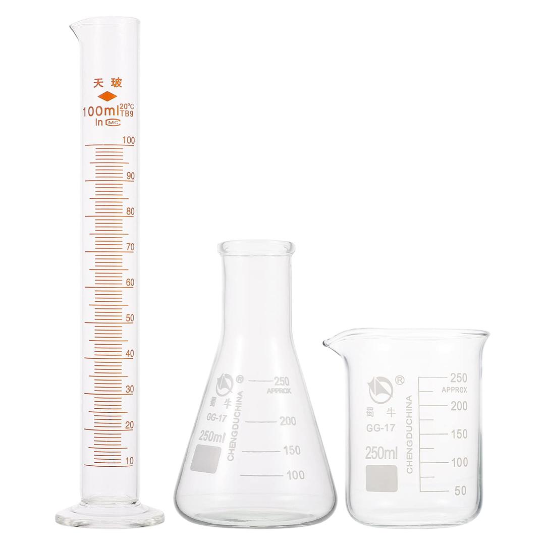 iplusmile Scientific Glass Beaker Set with 100ml Graduated Measuring Cylinder 250ml Erlenmeyer Flask Conical Bottle Cup Tool for Home School Science Lab