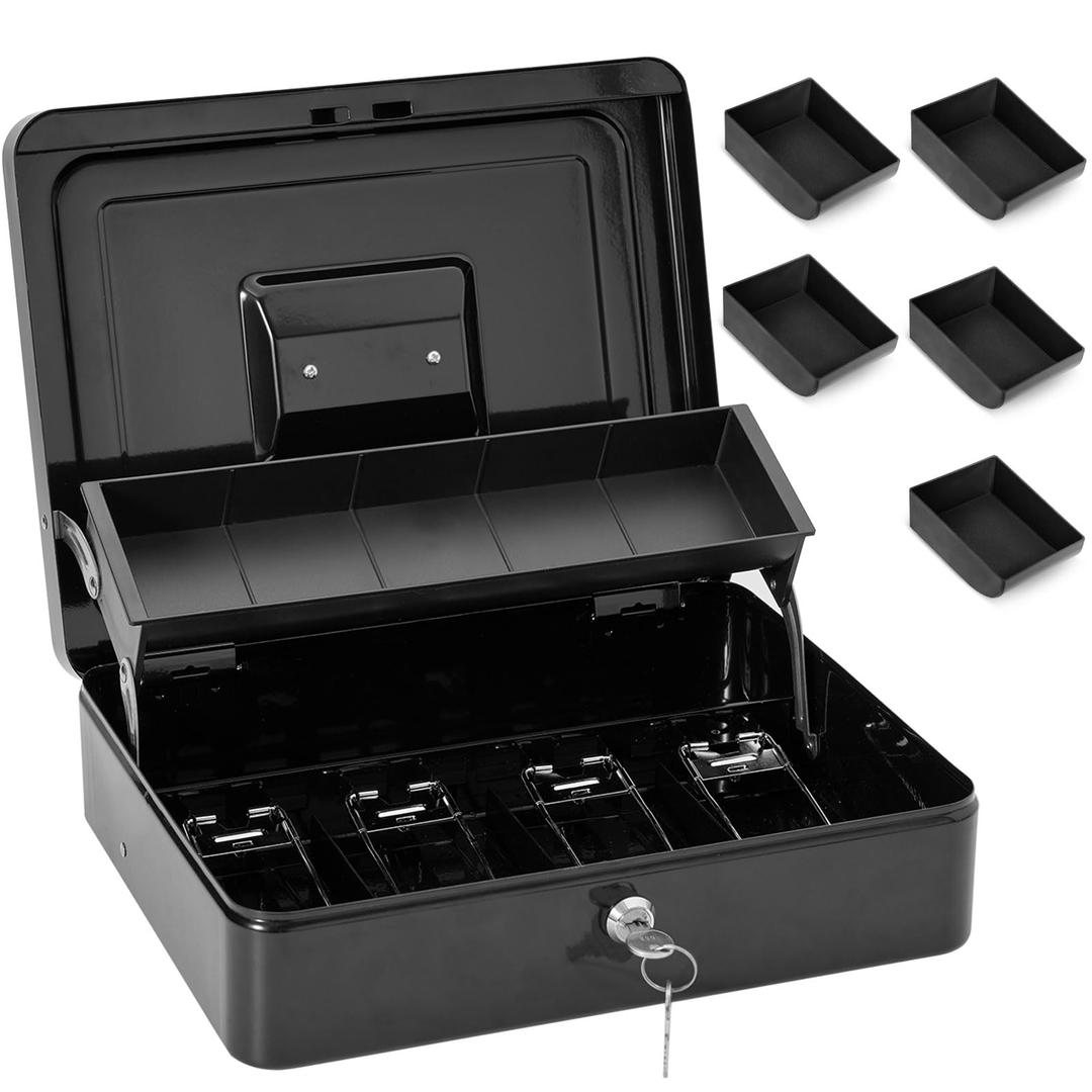 Large Locking Cash Box with Key Lock and Money Tray, Money Box with Cash Tray, Lock Safe Box for Office Business, 11.8" x 9.5" x 3.5", Black