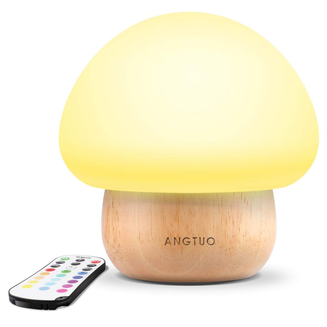 Night Lights for Kids, ANGTUO LED Mushroom Night Light for Kid Baby, Soft Silicone Lampshape,100% Rubber Wood, 4 Light Brightness and 16 Color by Wireless Remote - US Plug