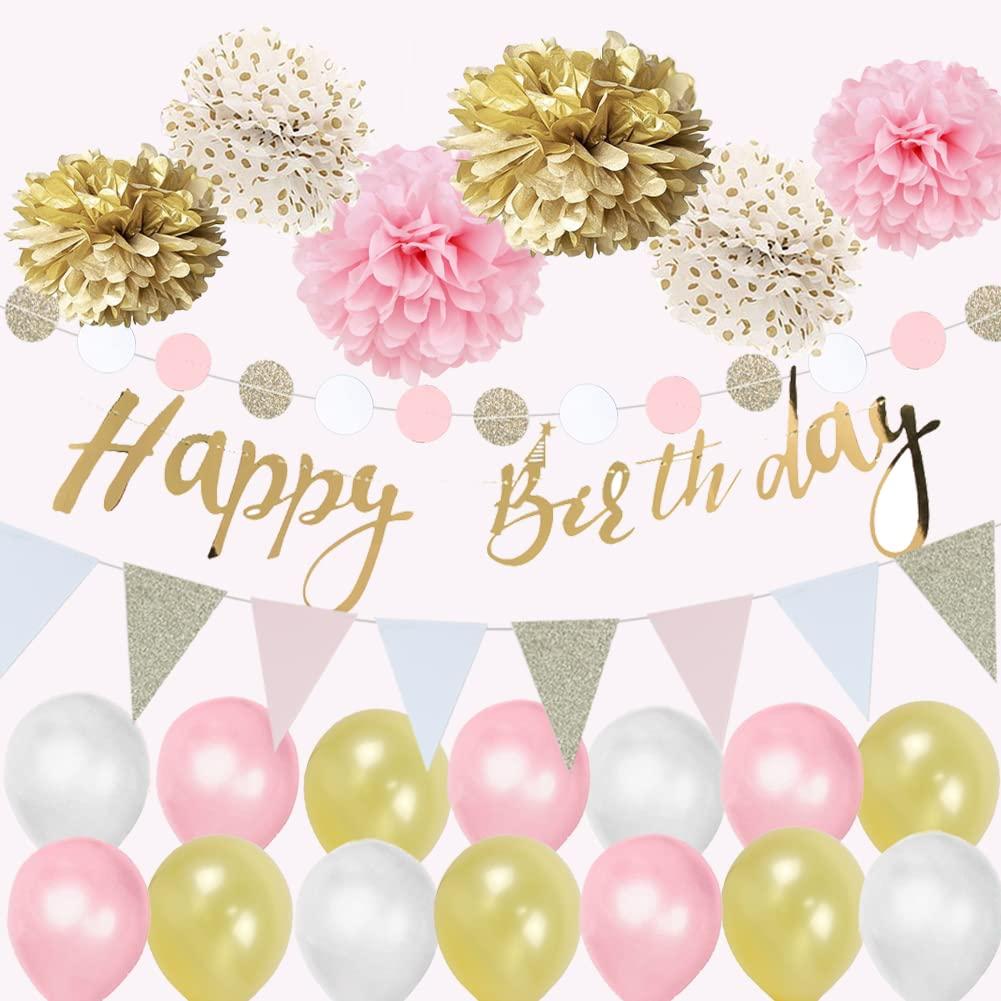 Pink Gold Birthday Decorations Pom Poms Flowers Kit Happy Birthday Banner for 1st Birthday Girl Kids Birthday Baby Shower Decoration Easy Joy